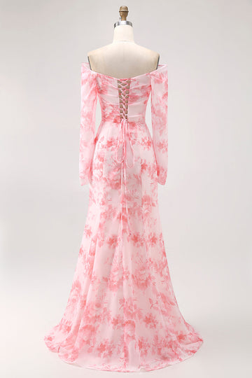 Pink Flower Mermaid Off The Shoulder Long Sleeves Bridesmaid Dress with Slit